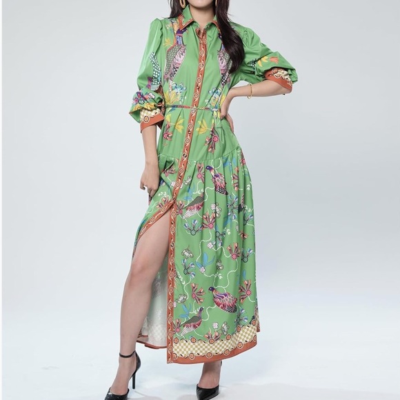 Chic Green Patterned Maxi Dress - Picture 6 of 10